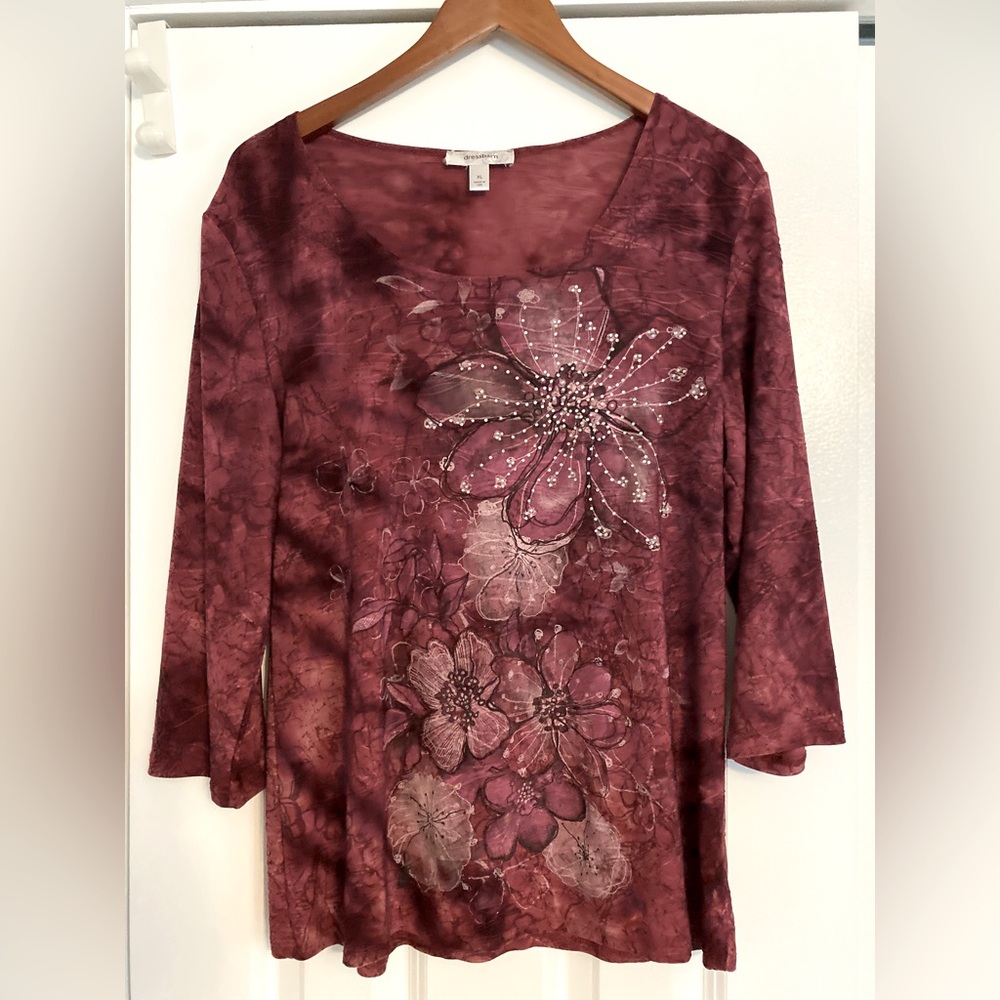 Dress Barn Women’s blouse, pink/mauve, floral, size XL